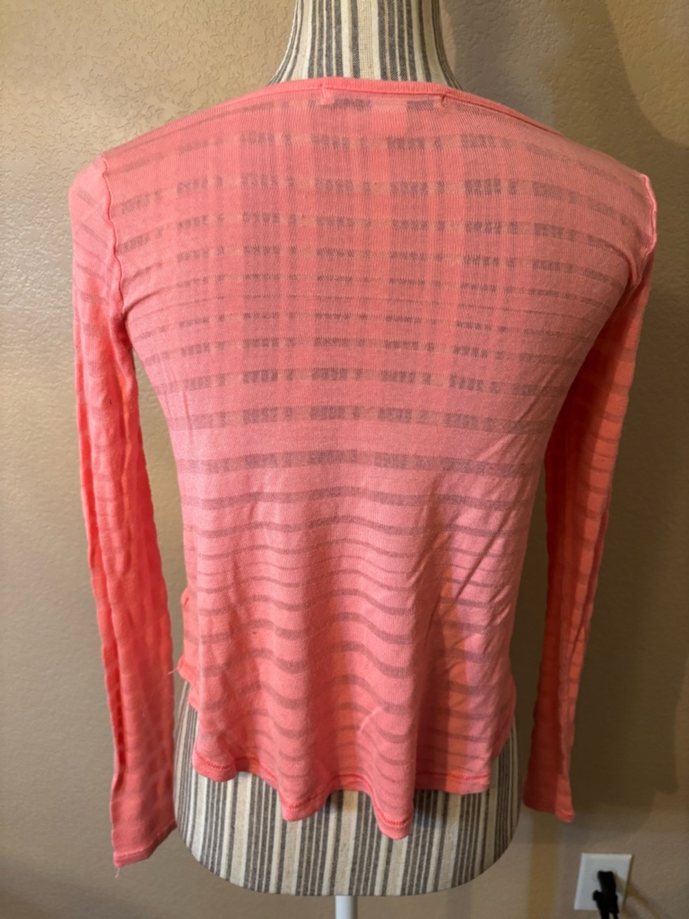 Forever 21 Top Small Coral Pink Semi-Sheer Striped Long-Slv Boat Neck Stretch - Picture 5 of 14